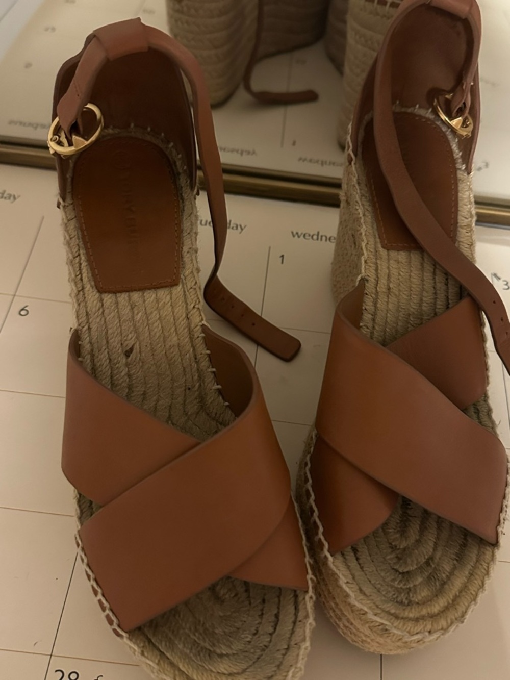 Tory Burch Brown Leather Crisscross Espadrille Wedge Sandals